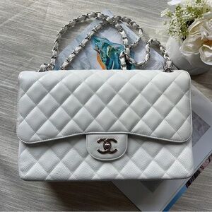 Chanel White Caviar Quilted Jumbo Classic Double Flap Bag